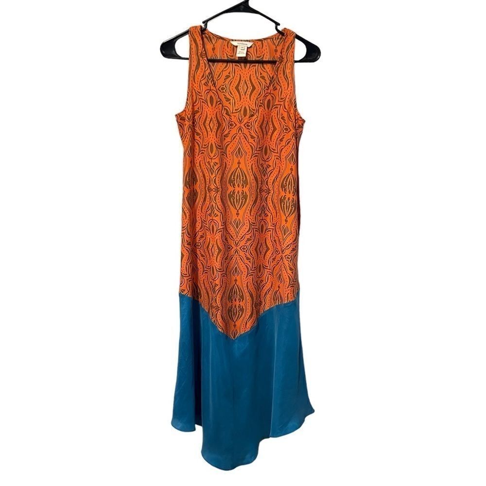 Sundance 100% Silk Midi Dress Colorblock Tank Orange Blue A-Line V Hem Size XS